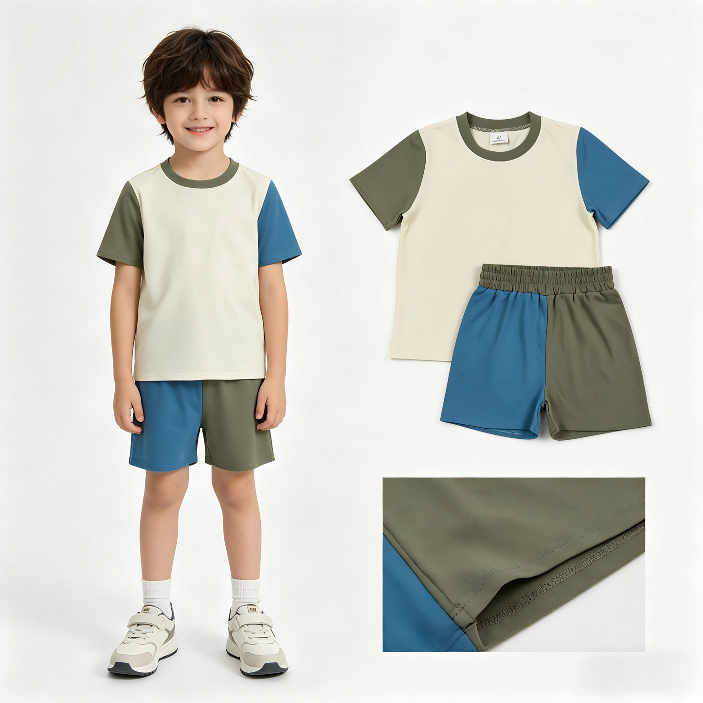 white blue cotton top matching shorts boy summer outfit