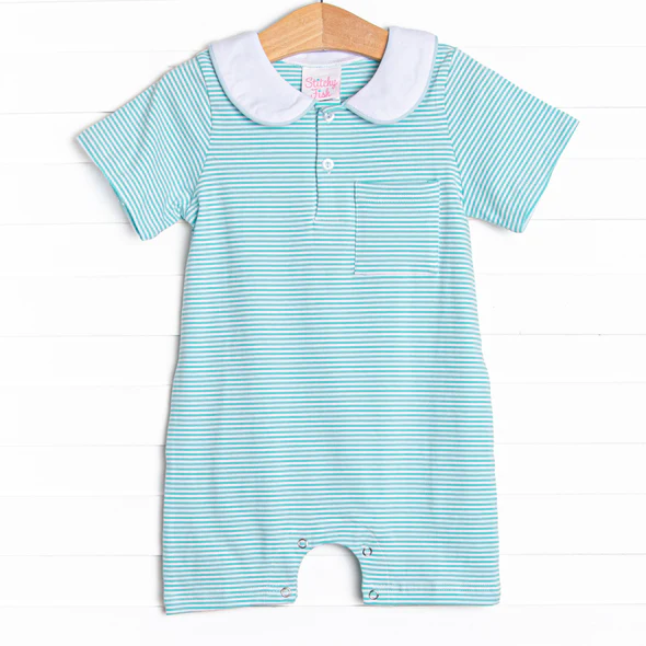 baby boy blue stripes pocket romper