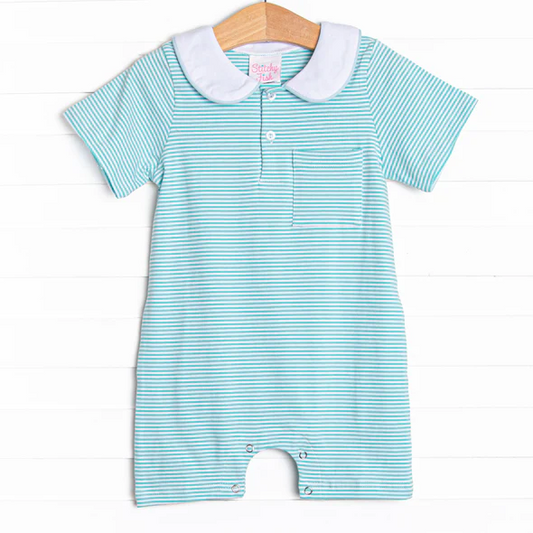 baby boy blue stripes pocket romper