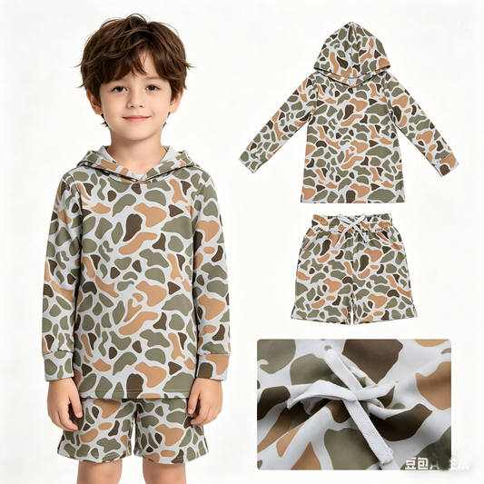 Green camo hoodie top matching shorts baby boy summer outfit