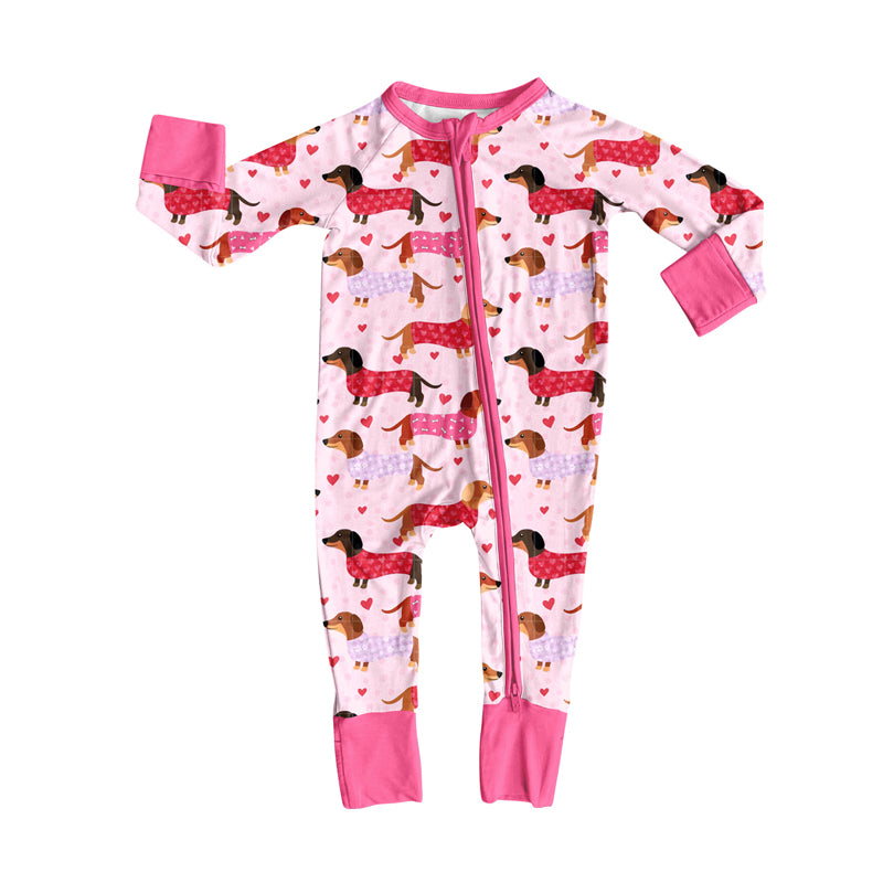 toddle baby Valentines day heart dog  print long sleeve zip romper