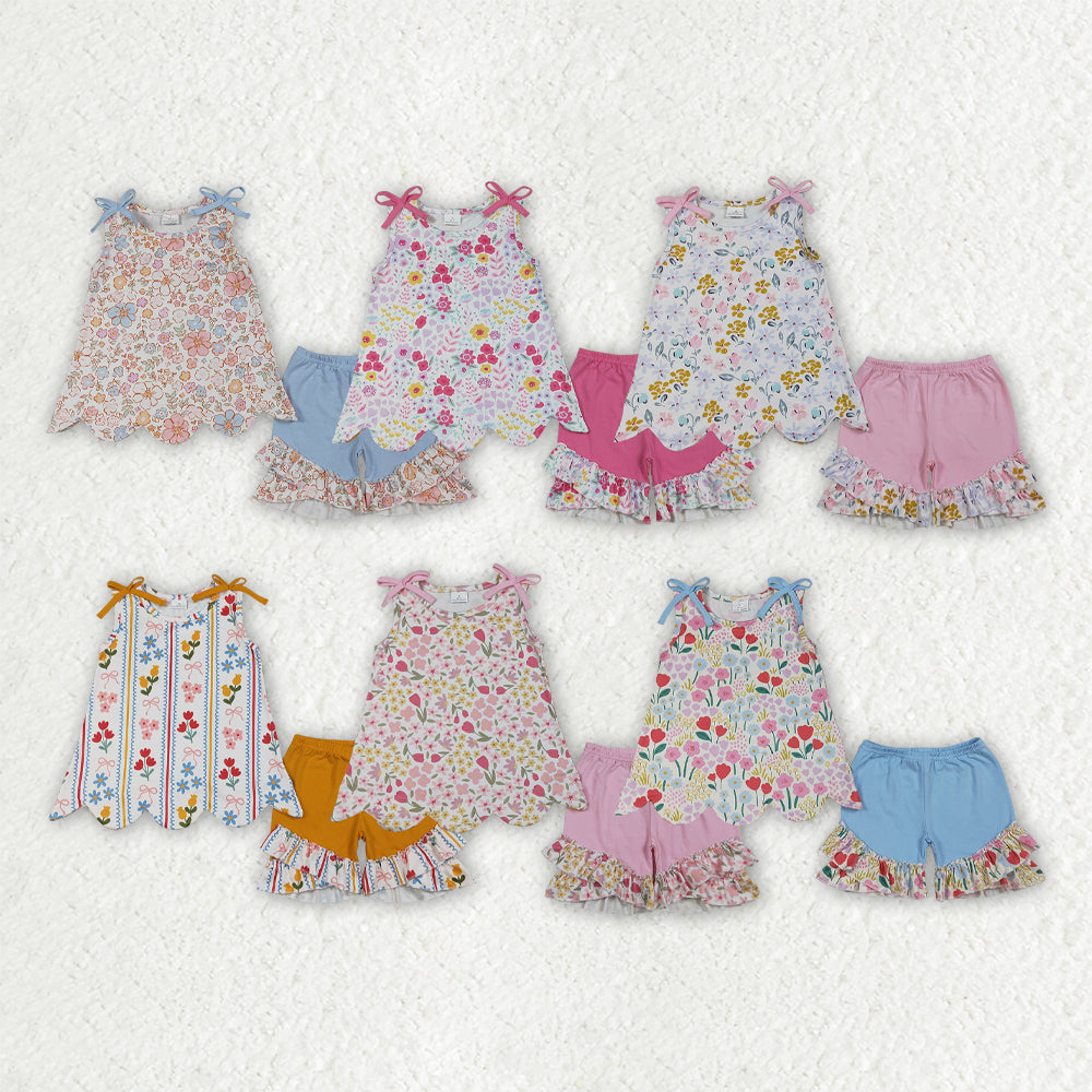 Pink yellow flowers top matching shorts girls summer outfit