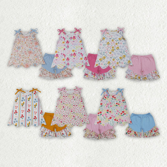 Pink yellow flowers top matching shorts girls summer outfit