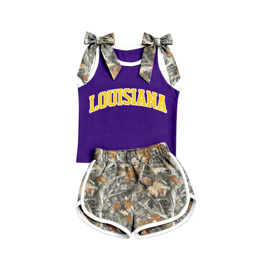 Custom team camo bow louisiana top matching shorts girl summer outfit wholesale factory price