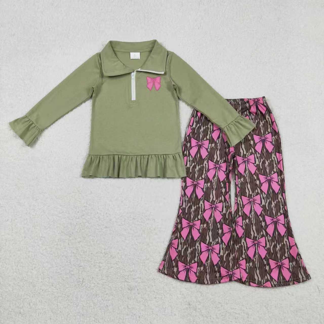 Embroidery Pink bow pullover matching pants design girls long sleeve outfit
