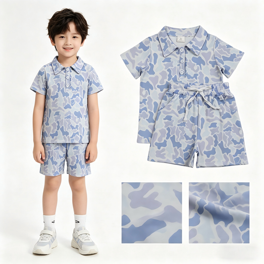 Blue camo top matching shorts boys summer outfit