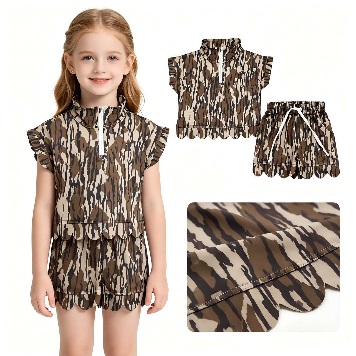 Camo short sleeve pullover top matching shorts girl summer outfit