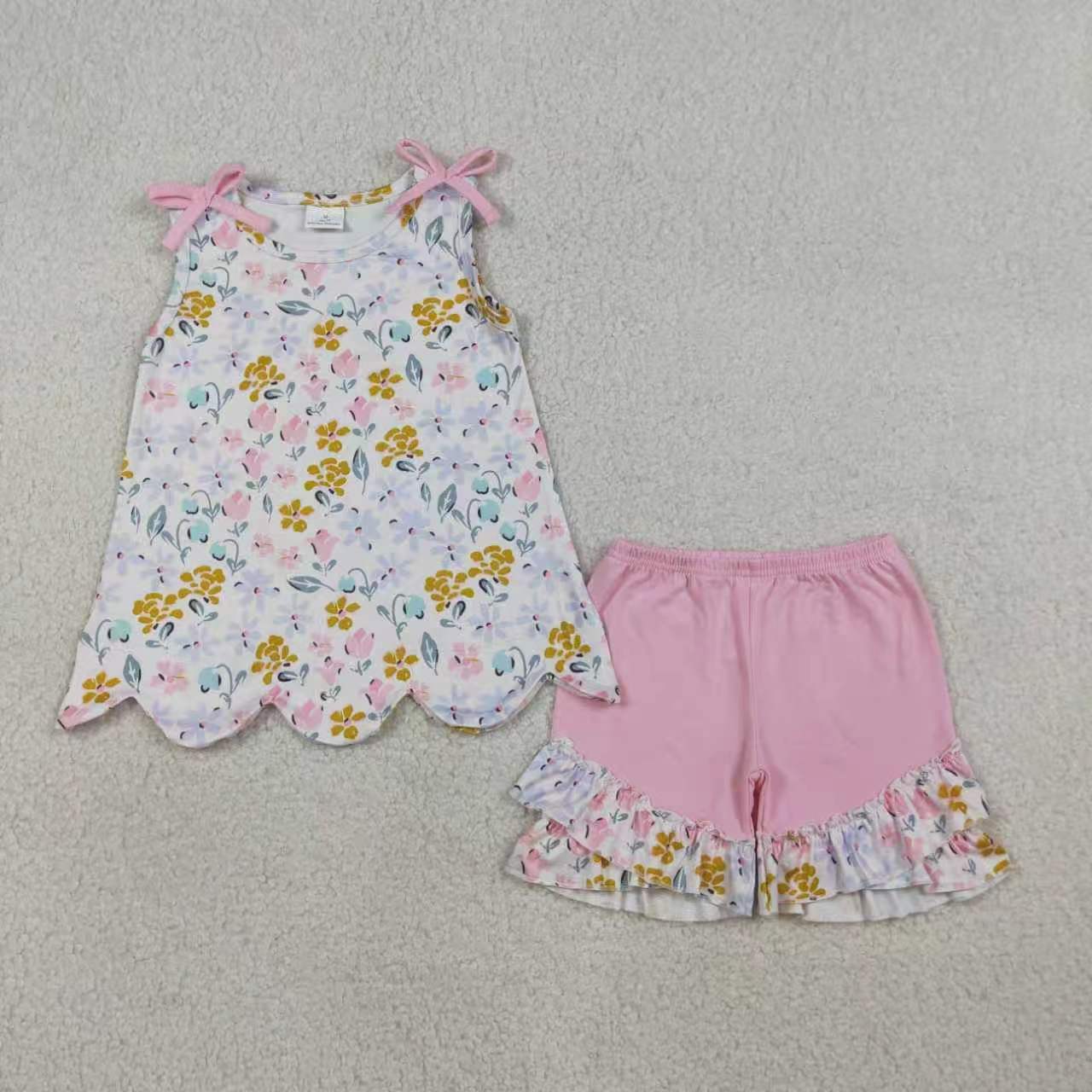 Pink yellow flowers top matching shorts girls summer outfit