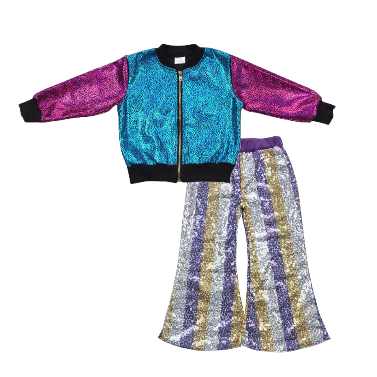 girls long sleeve jacket stripes sequins bell bottoms outfit