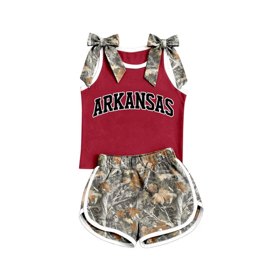 Custom team camo bow arkansas top matching shorts girl summer outfit wholesale factory price