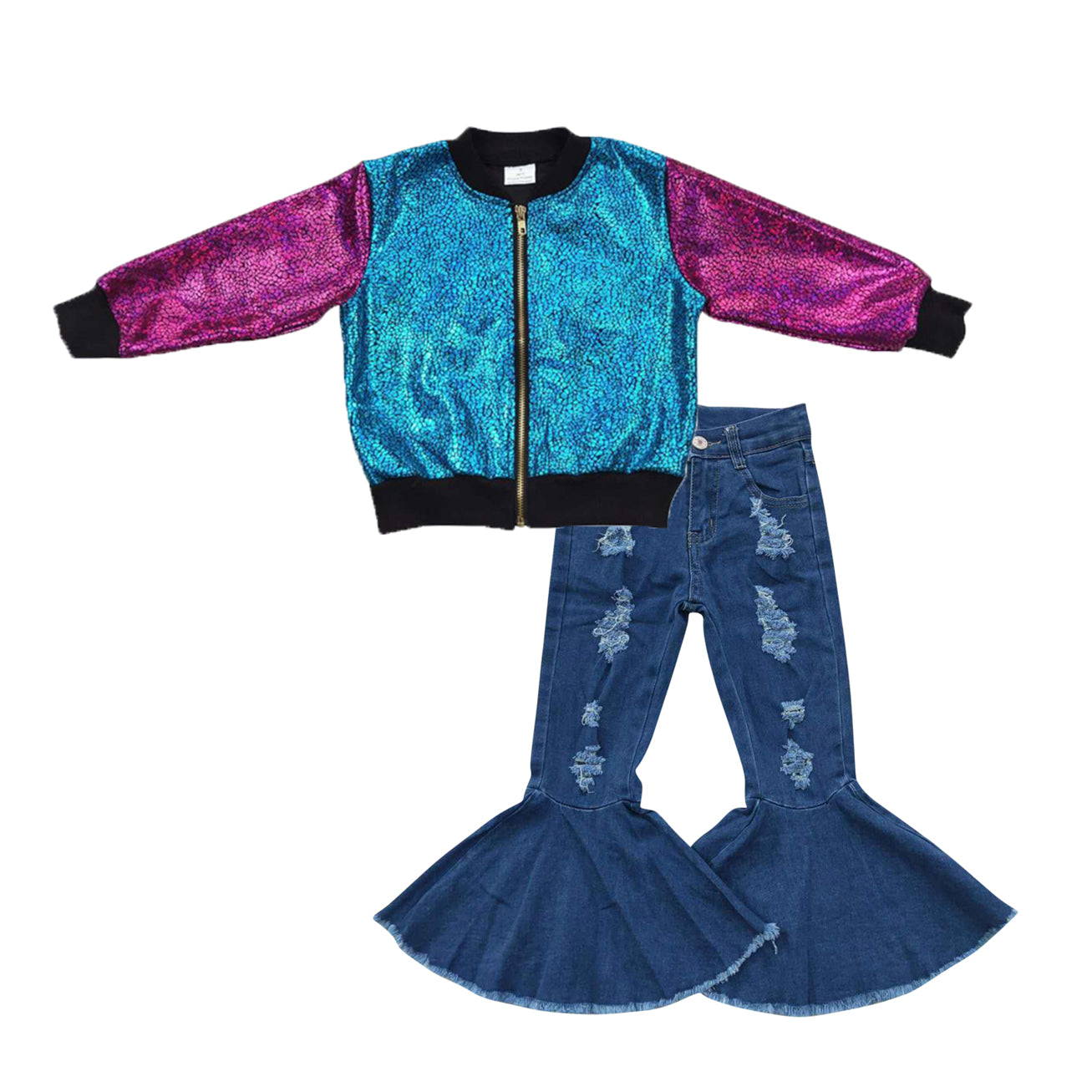 baby girls long sleeve shiny coat jacket distressed jeans bell bottoms outfit