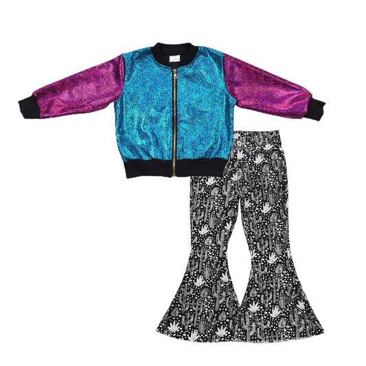 baby girls long sleeve shiny coat jacket western jeans bell bottoms outfit