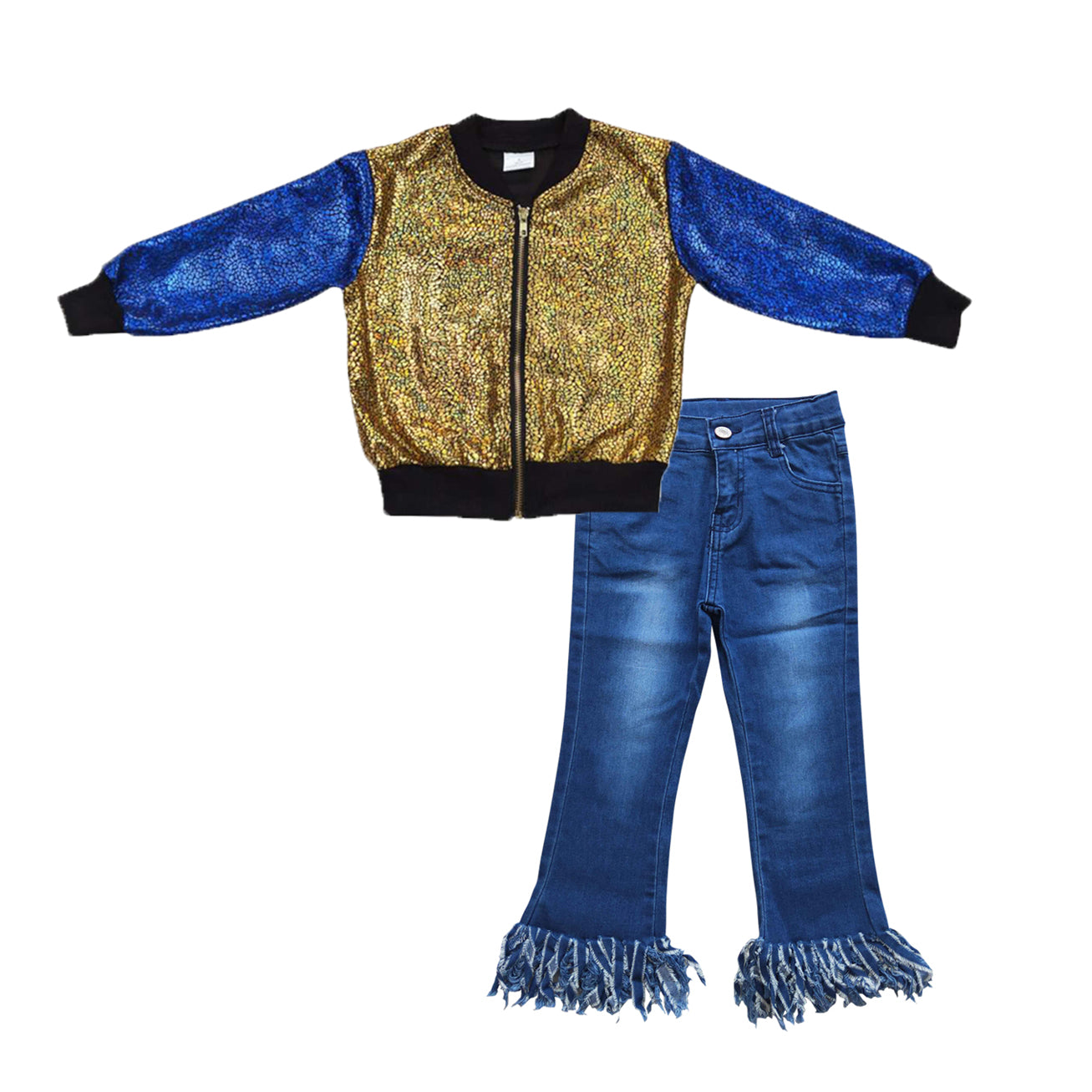 baby girls long sleeve shiny coat jacket blue jeans bell bottoms outfit