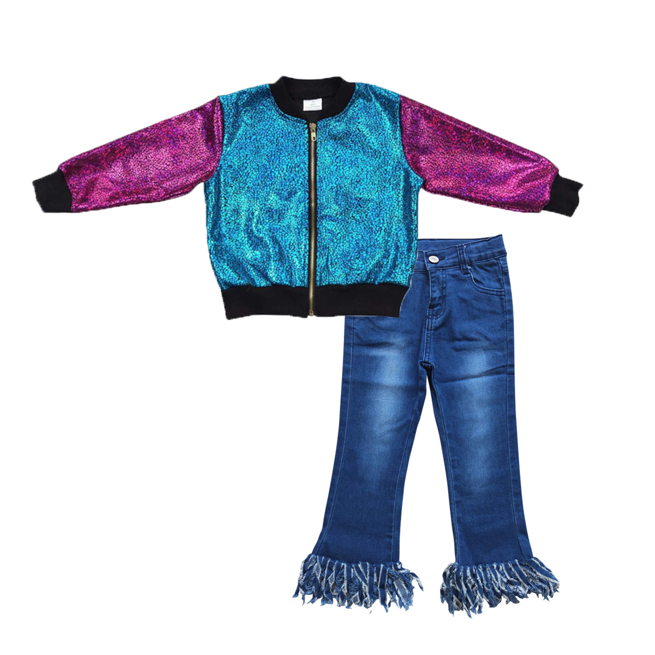 baby girls long sleeve shiny coat jacket blue jeans bell bottoms outfit