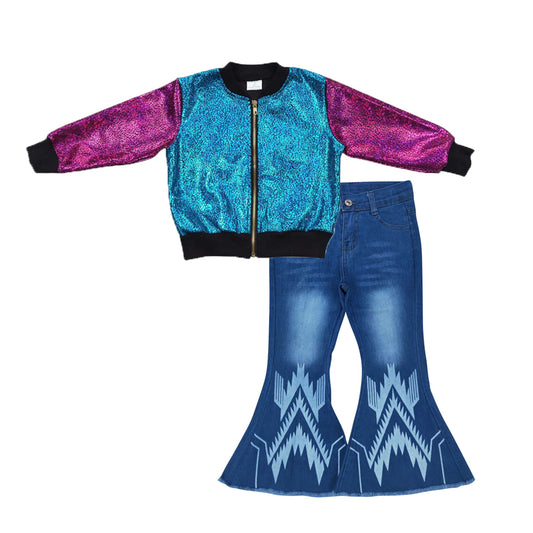 baby girls long sleeve shiny coat jacket aztec jeans bell bottoms outfit