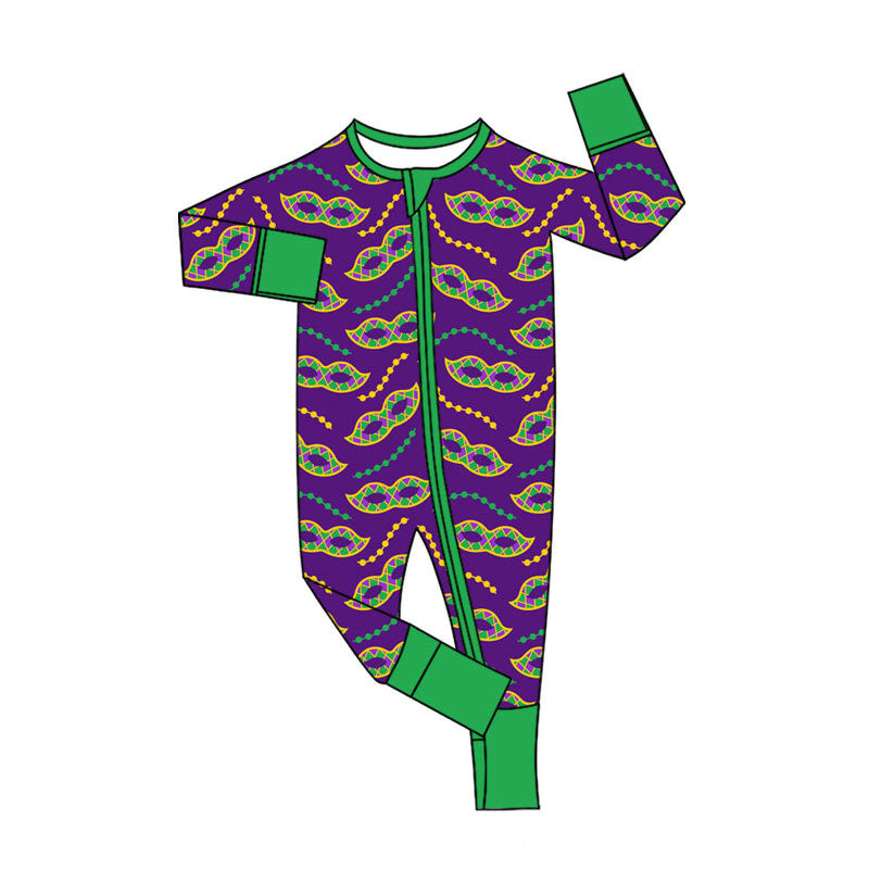 Mardi Gras design kids long sleeve zip romper