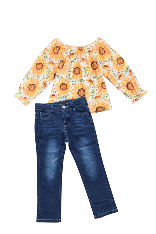 girls long sleeve sunflower top jeans pants outfit