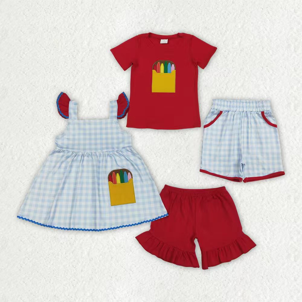 Back to school embroidery top matching shorts girls summer outfit