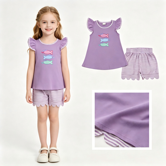 Embroidery Fish print toddle girls summer outfit