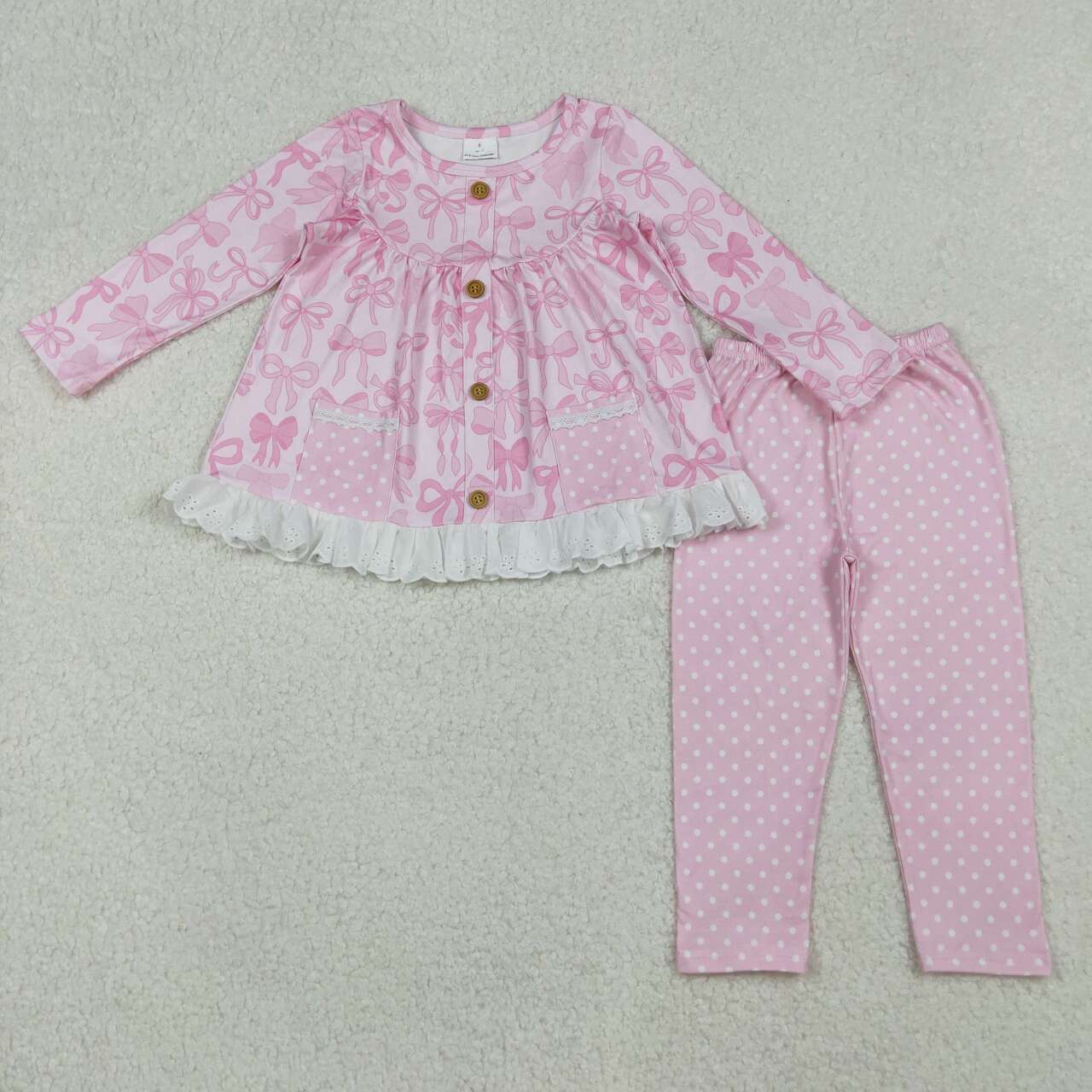 Kids cute pink bow pocket shirt dots pants matching outfit