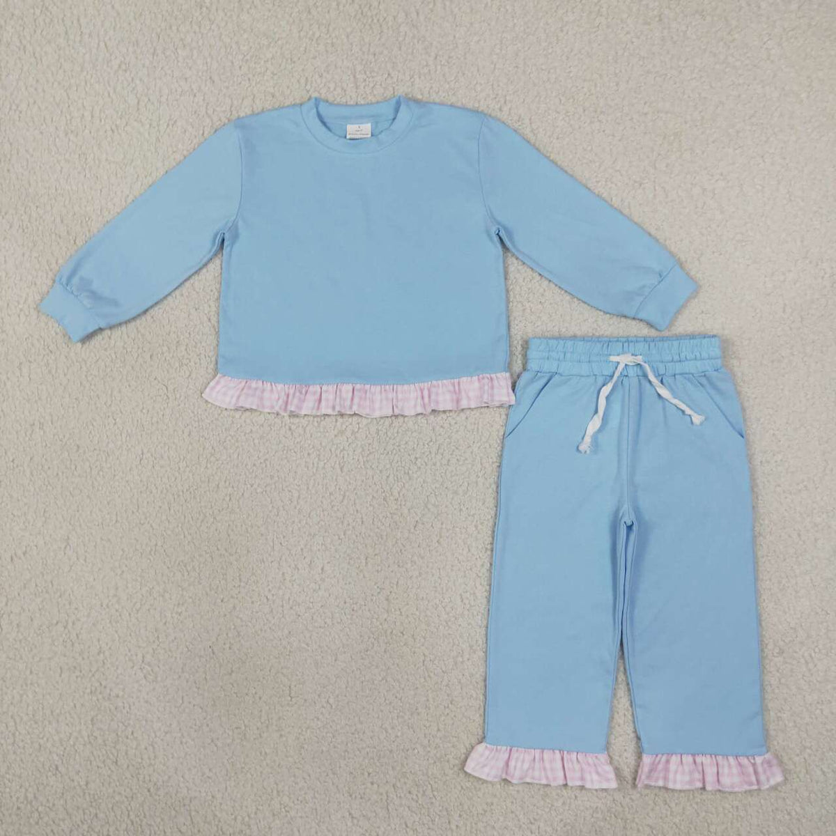 Blue color long sleeve pullover top matching pants fall winter girls outfit