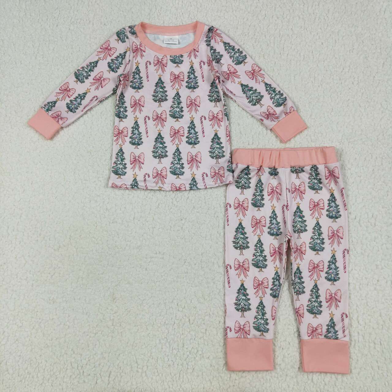 Christmas tree pink bow girls long sleeve outfit