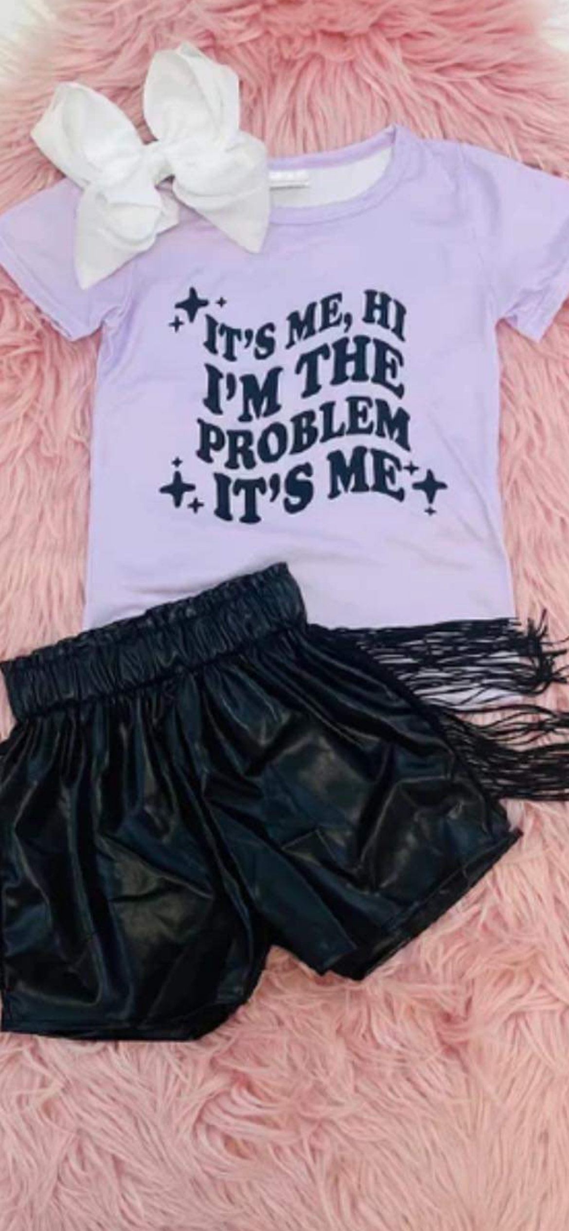 Girls lavender letter shirt black pu leather shorts outfit