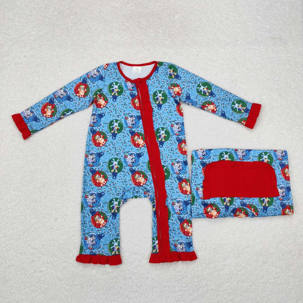 Christmas light blue cartoon dog long sleeve zip romper