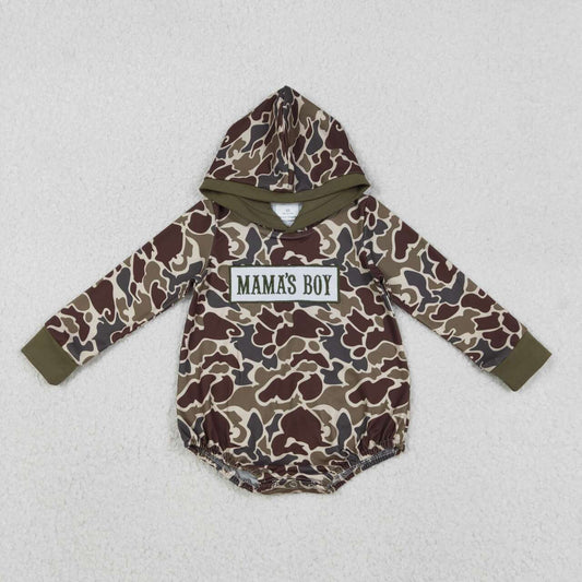 Emebroidery Mamas boy camo design long sleeve hoodie romper