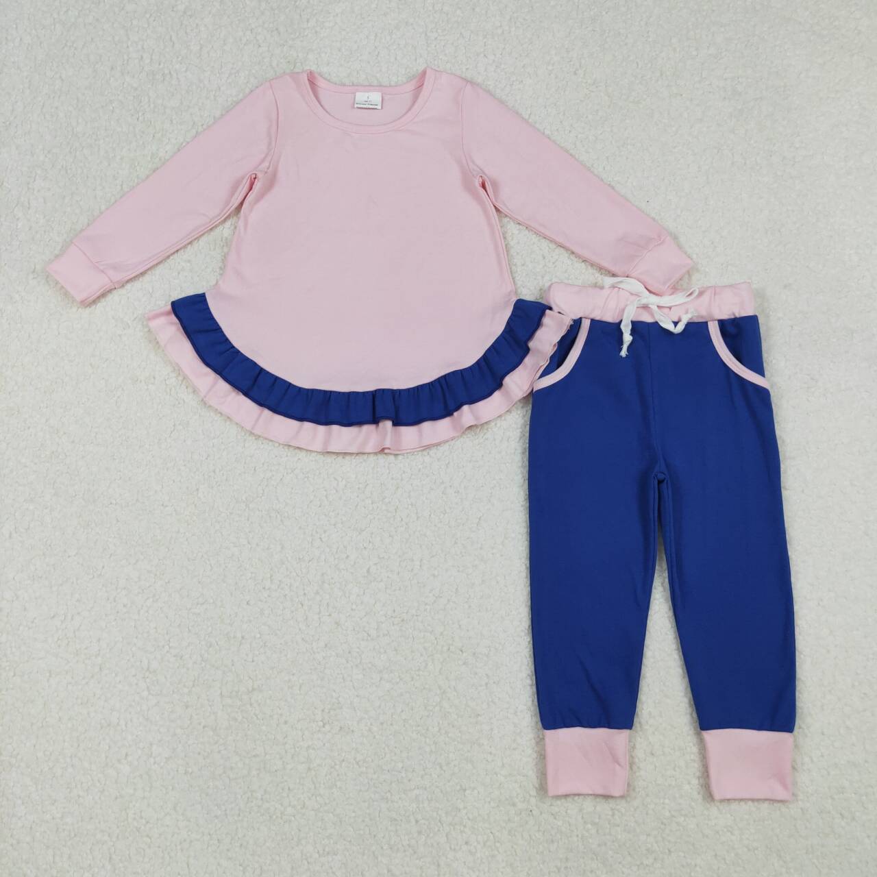 Light pink shirt matching blue pants kids long sleeve outfit