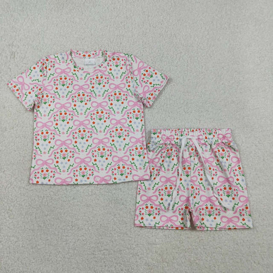 Pink bow flowers short sleeve top matching shorts girls summer outfit
