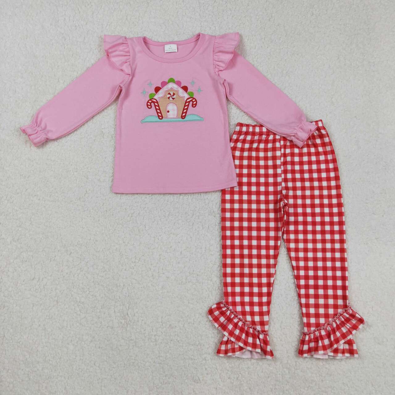 Kids girls embroidery Christmas house candy cane long sleeve  outfit