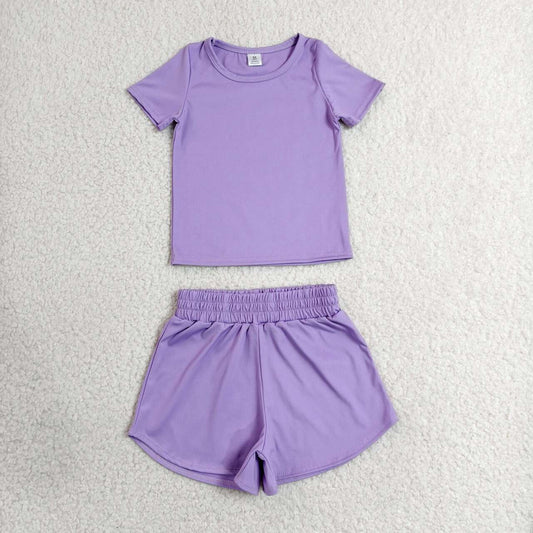 Purple color yoga top matching shorts girls summer outfit