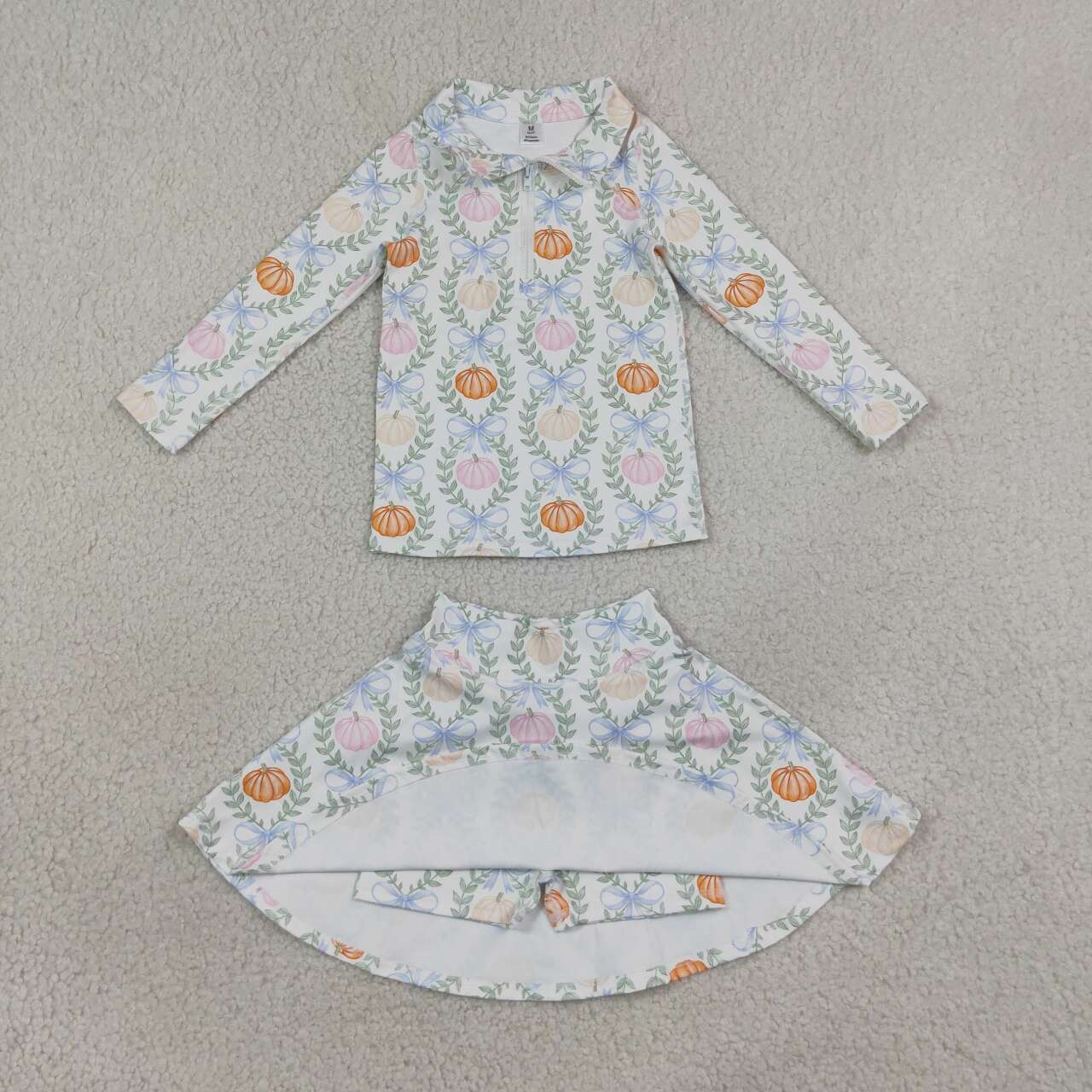 Fall pumpkin long sleeve pullover yoga top matching skorts girls outfit
