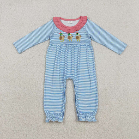 Embroidery Mallard duck toddle baby girl blue stripes long sleeve romper