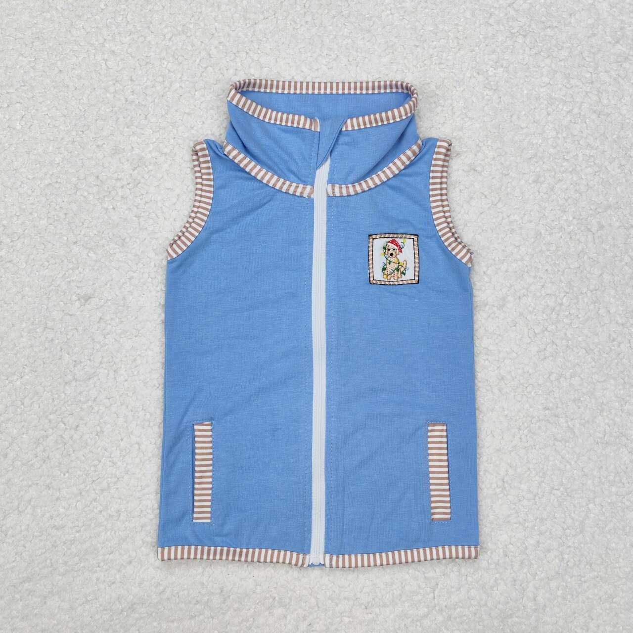 Infant baby boy Christmas embroidery dog light zip up blue vest top