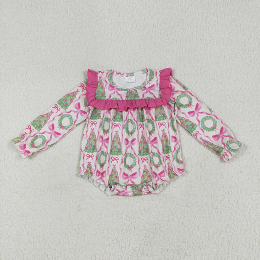 Christmas tree pink bow long sleeve romper