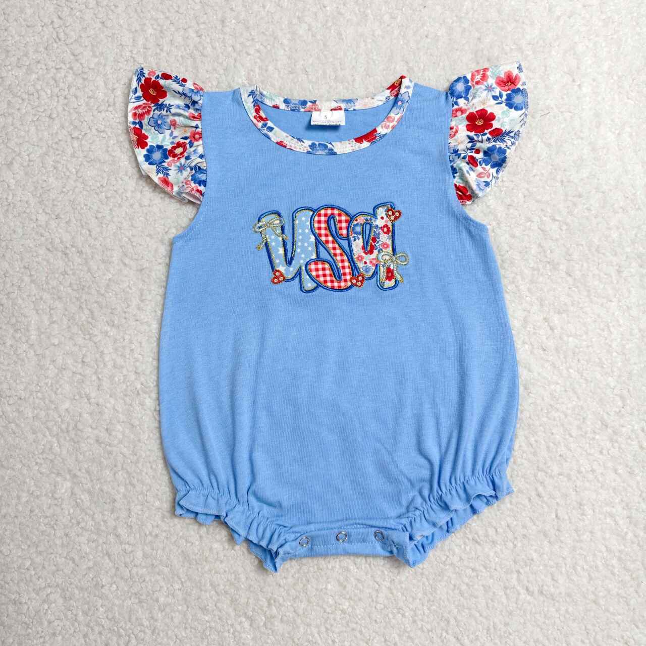 Toddle baby girl July 4th USA floral embroidery romper