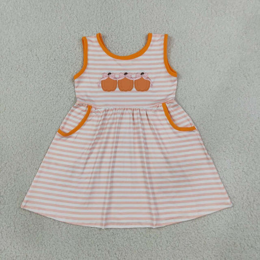 Fall pumpkins embroidery print girls sleeveless dress