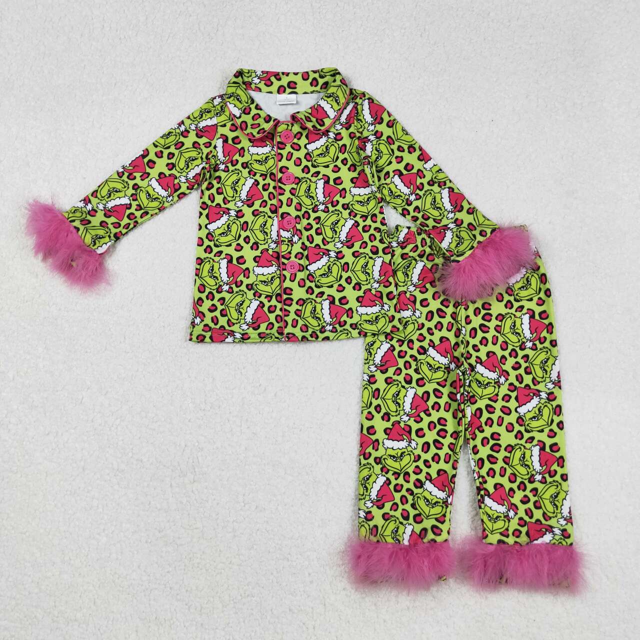 Christmas green face kids girls long sleeve matching pajama set