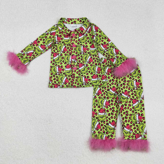 Christmas green face kids girls long sleeve matching pajama set
