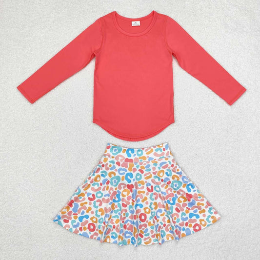 wholesale kids girls coral shirt cheetah skirt 2pcs clothes