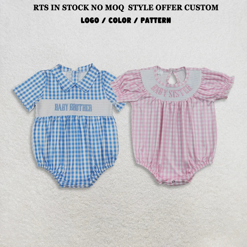 Baby sister blue plaid short sleeve smocked romper
