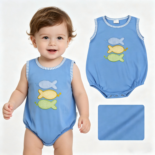toddle boy embroidery fish design romper