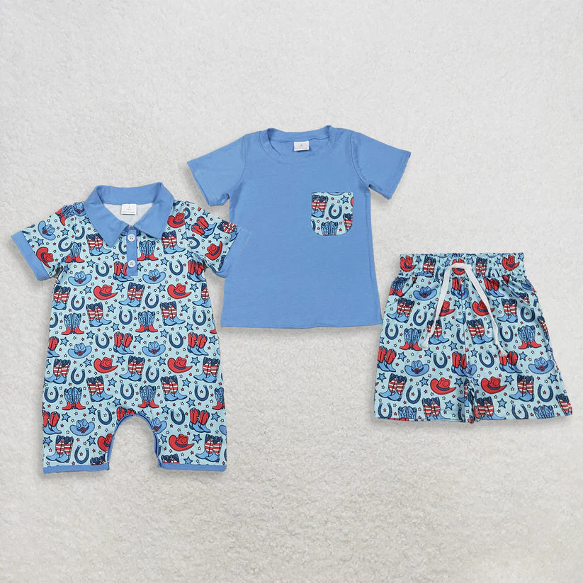 Western cowboy july 4th pocket top matching shorts boys summer outfit