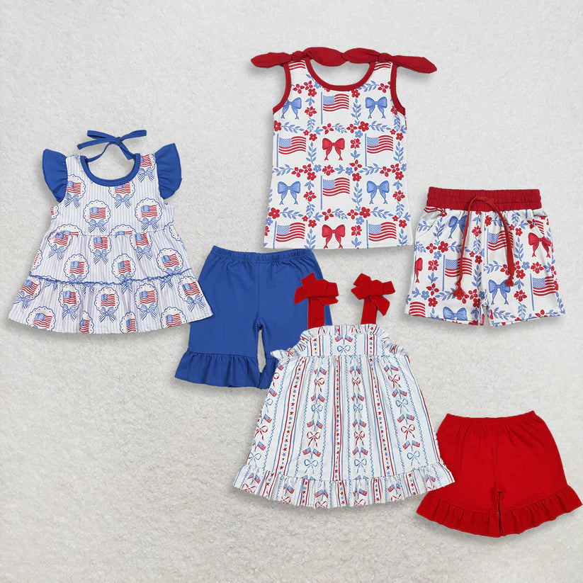 July 4th red bow top matching shorts girls outfit