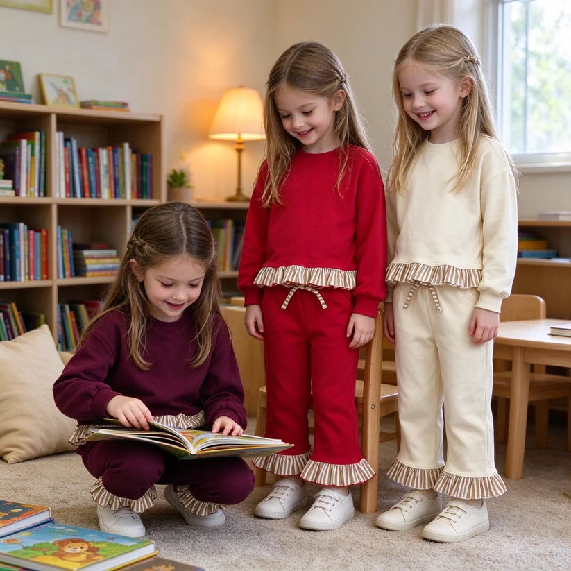 Long sleeve red sweatshirt material top matching pants girls wholesale factory price outfit