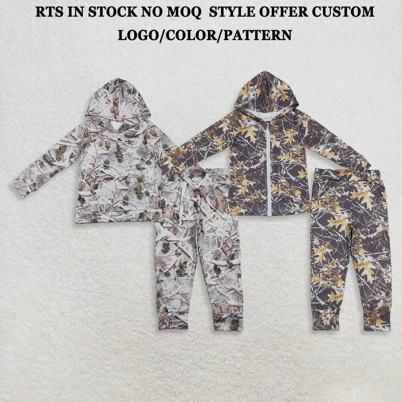 Leaves design kids boys long sleeve hoodie set outfit