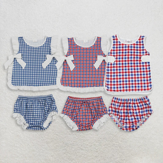 July 4th red blue plaid design girls summer bummies outfit