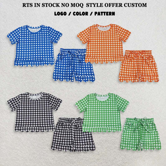 Blue plaid design top matching shorts girls summer outfit
